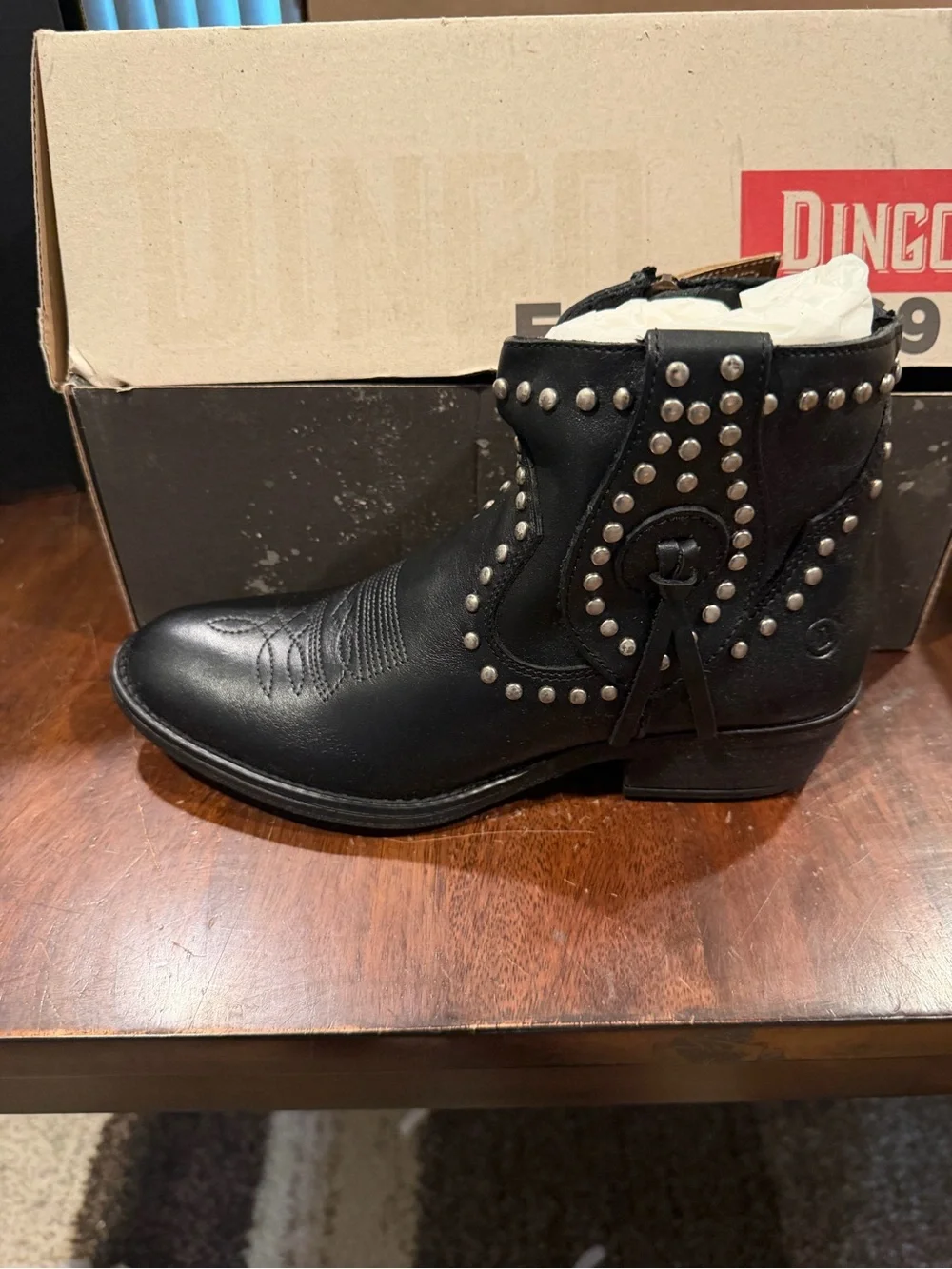 Dingo Destry Studded Fringe Boots Black Leather  Womens Size 6.5 M